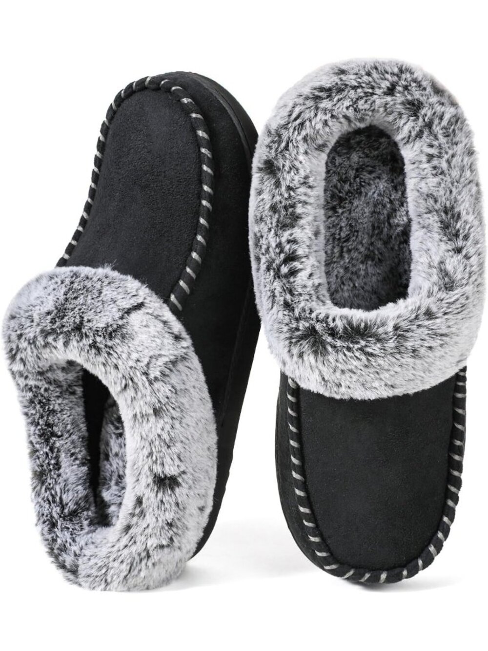 Women's Black Faux Suede Memory Foam Fur Lined Non-Slip House Slippers